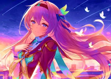 Anime Girl with Pink Hair and Butterflies