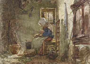 Woman Sewing in a Rustic Interior