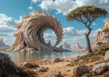 Surreal Desert Landscape with Dragon Wave