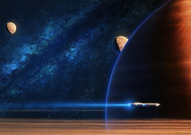 Spaceship traveling through a nebula