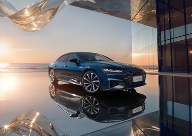 Blue Audi A7 on reflective surface