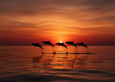 Dolphins leaping at sunset
