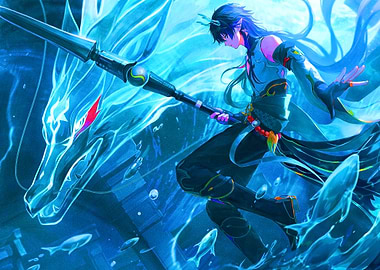 Anime character with water dragon and spear