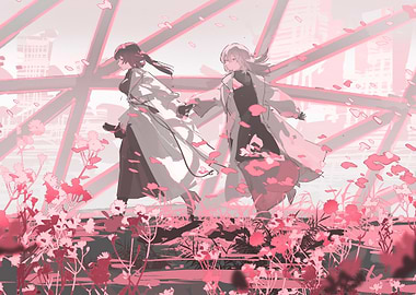 Two girls walking through flowers