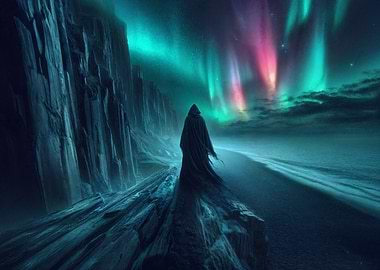 Figure Under Aurora Borealis