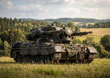 Camouflaged Tank in a Field