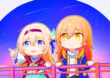Two anime girls under starry sky