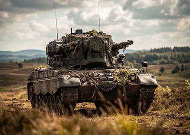 Camouflaged Tank in a Field