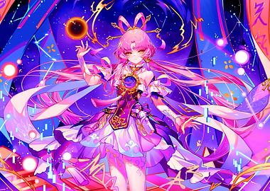 Anime Girl with Pink Hair and Cosmic Background
