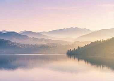 Misty Mountains Reflected in a Calm Lake