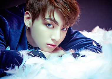 Jungkook in Blue Velvet Suit with Feathers