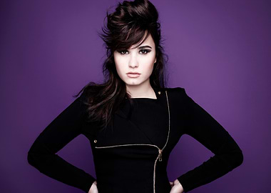 Demi Lovato Black Jacket Purple Background