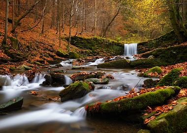 Autumn forest stream with waterfall, Poland