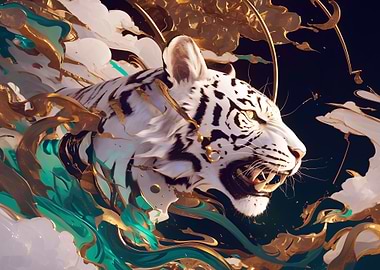 Majestic White Tiger with Gold and Teal Accents