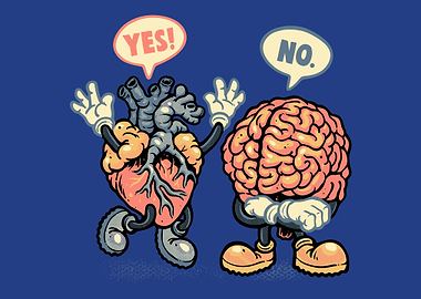 Heart vs Brain Poster, Funny Mind and Heart Cartoon Wall Art, YES NO Humor Print