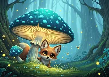Cute Fox Under a Giant Mushroom