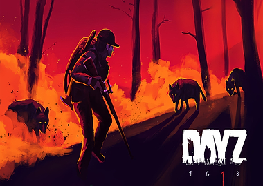 DayZ game art with wolves and fire