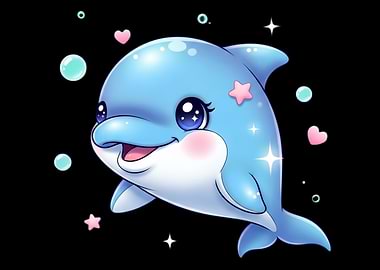 Cute Cartoon Dolphin with Stars and Bubbles