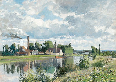 Industrial River Landscape with Smokestacks