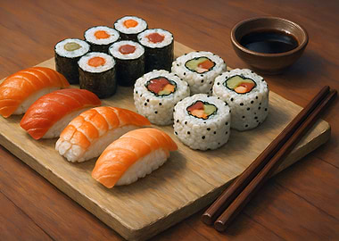Assortment of Sushi and Soy Sauce