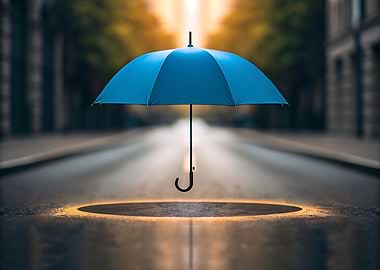 Blue umbrella on a wet street