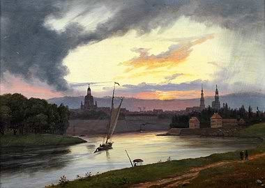 River scene with city skyline at sunset