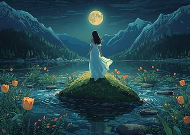 Woman in white dress by moonlit lake