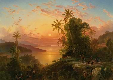 Tropical Sunset Landscape with Figures