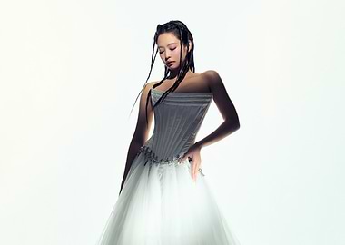 Jennie in a white corset gown