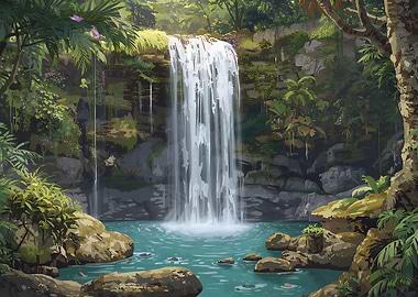 Lush Waterfall in a Tropical Jungle