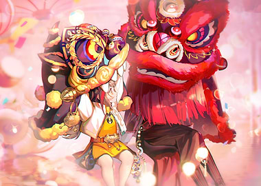 Anime Girl with Lion Dance Costume