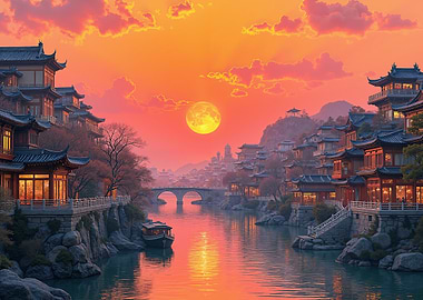 Serene Asian Riverside Village at Sunset