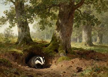 Badger emerging from its sett in a forest