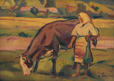 Woman with Cow in a Field