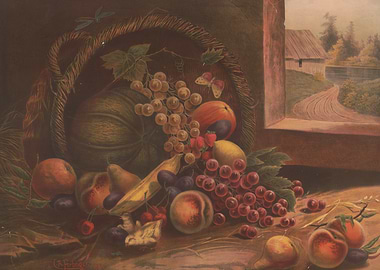 Still Life Fruit Basket with Landscape View