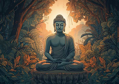 Buddha Meditating in Lush Forest