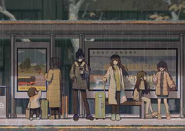 characters at a rainy bus stop