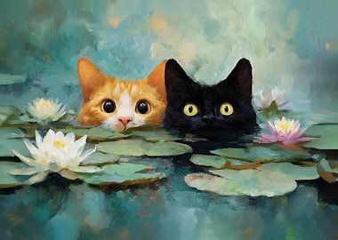 Cats in Water Lilies Art