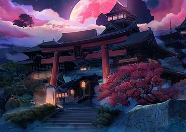 Japanese Temple Under a Pink Moon