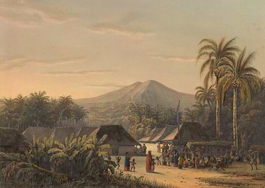 Tropical Village Scene with Volcano