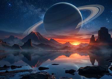 Alien Planet Landscape with Saturn