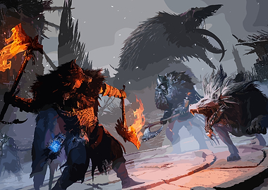 Viking Battle with Wolves and Raven