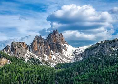 Majestic Mountain Peaks with Forest and Clouds