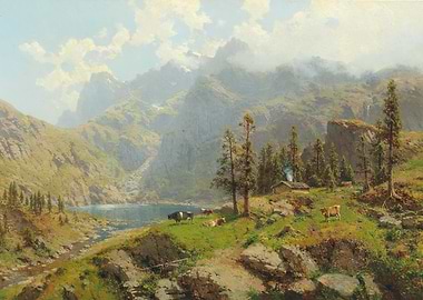 Alpine Lake with Cows and Cabin