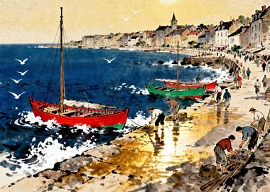 Seaside Village with Fishermen and Boats