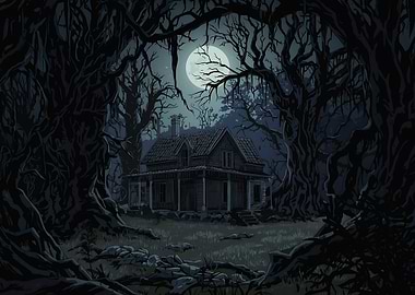 Haunted House in Moonlit Forest
