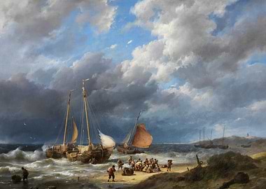 Fishing boats on a stormy beach