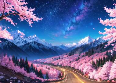 Anime Cherry Blossoms and Mountains at Night