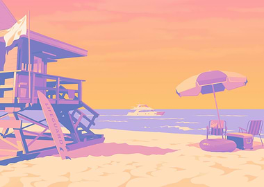 Retro Beach Scene with Lifeguard Tower