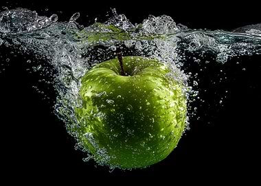 Green apple splashing into water